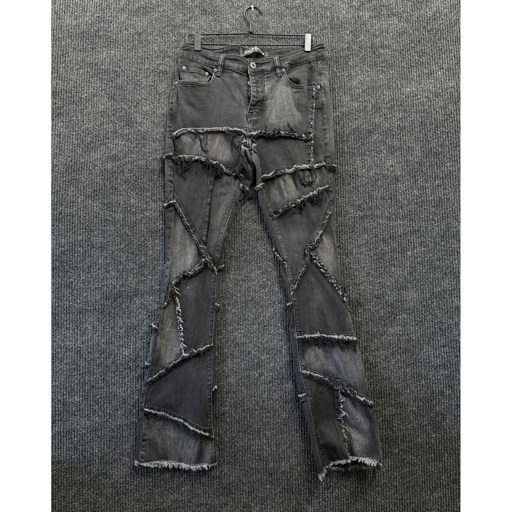 Valabasas Patchwork Flare Jeans Mens 34 Black Distressed Frayed Stretch Denim